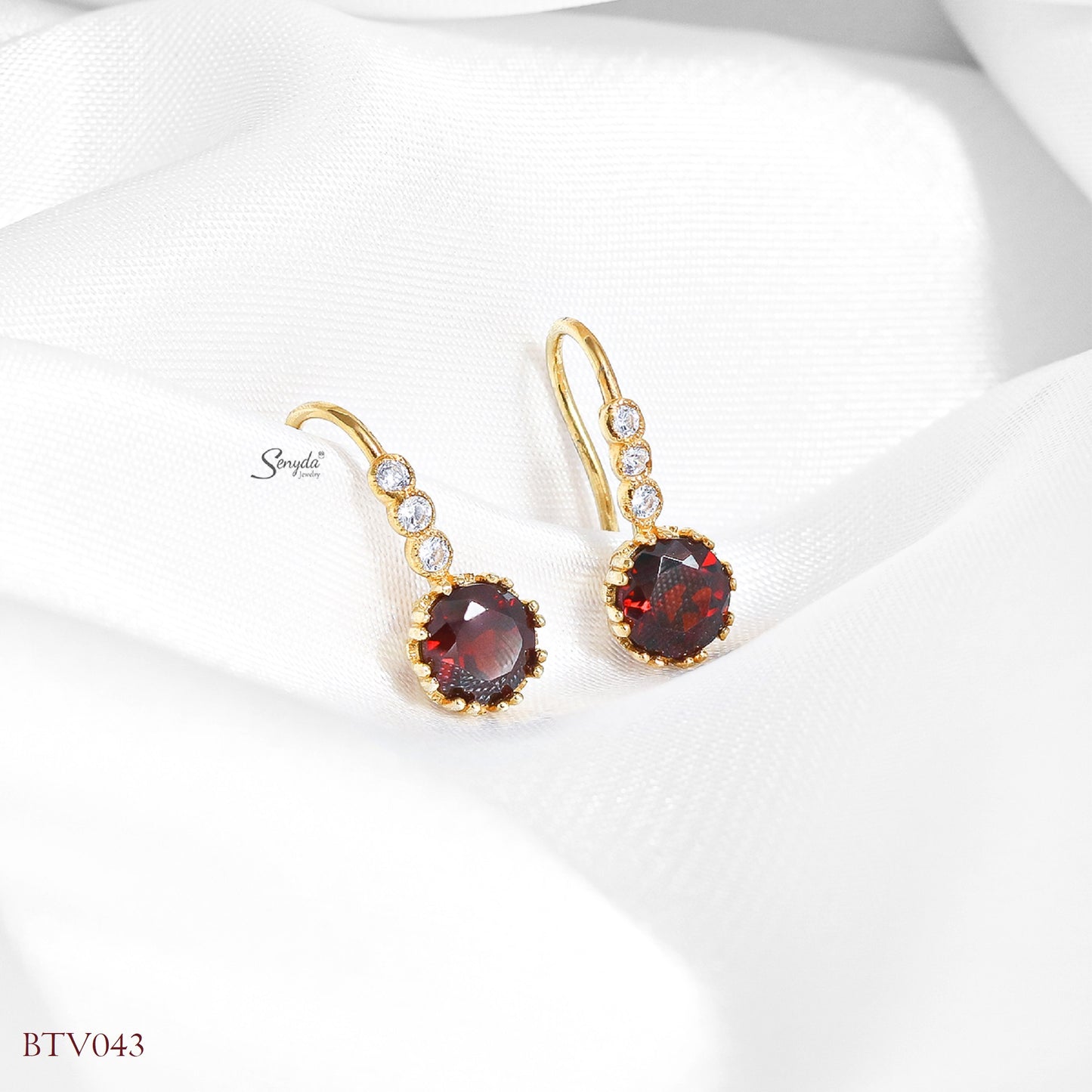 10K Solid Gold Round Cut Garnet Hook Earrings