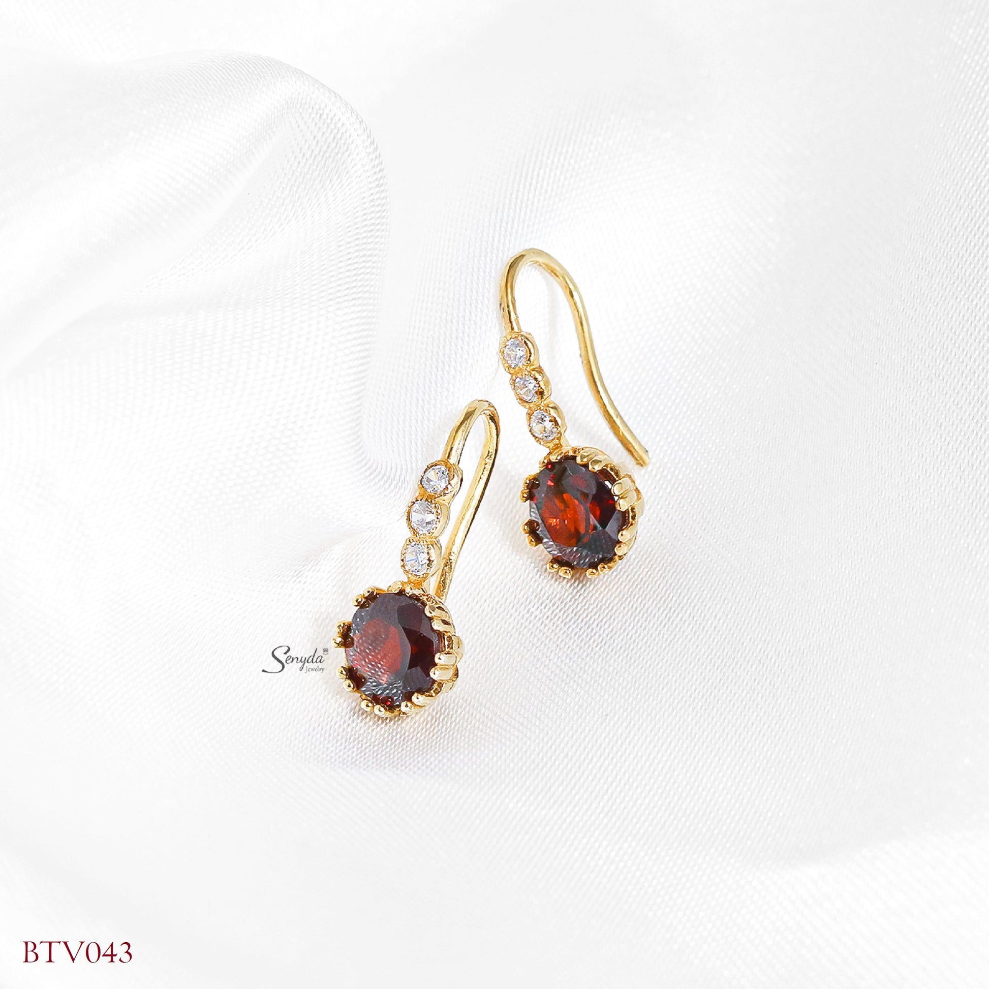 10K Solid Gold Round Cut Garnet Hook Earrings