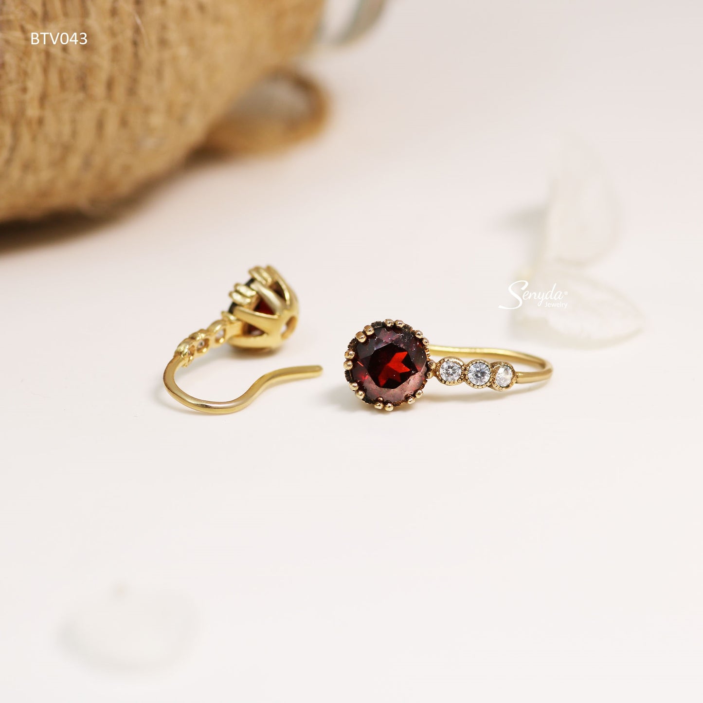 10K Solid Gold Round Cut Garnet Hook Earrings