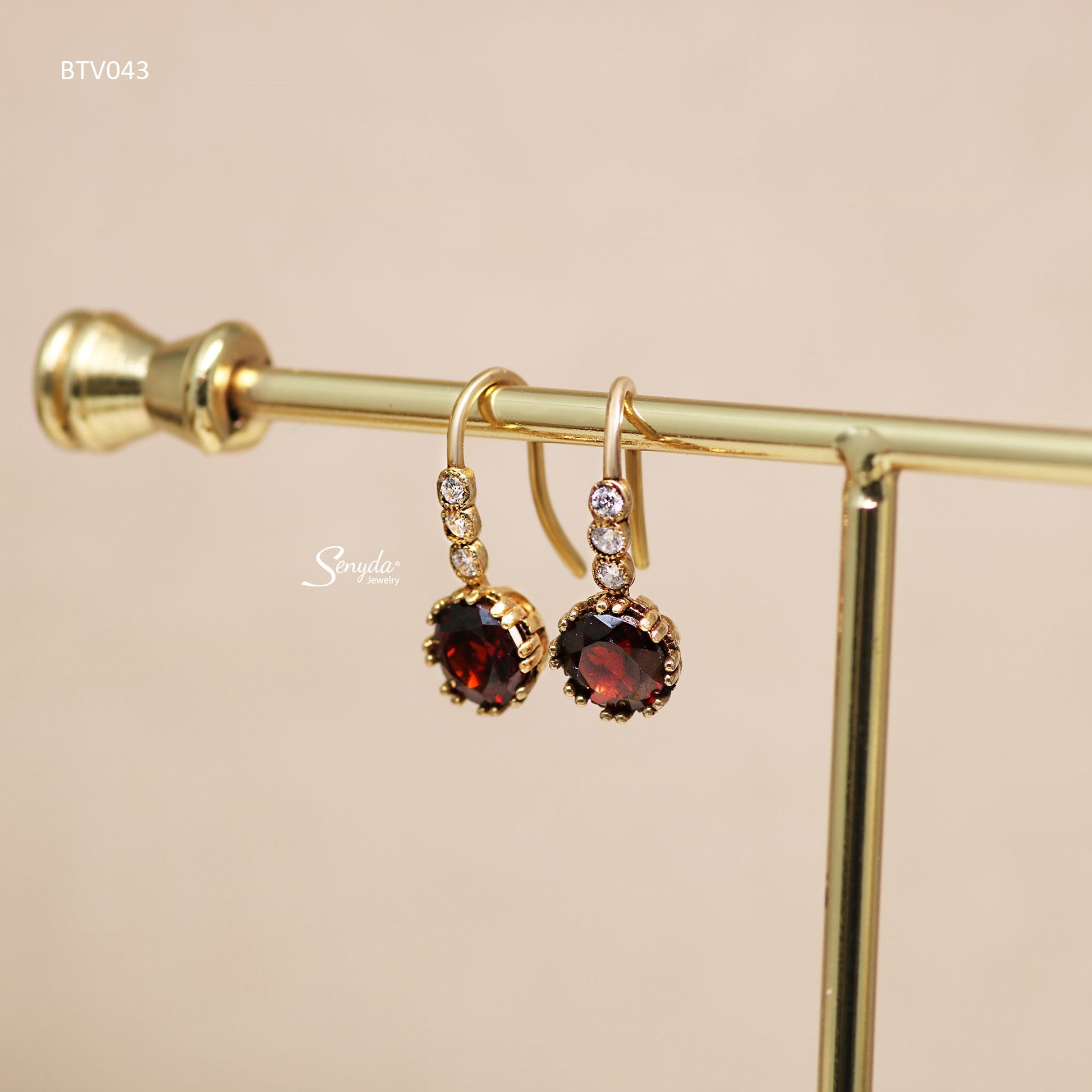 10K Solid Gold Round Cut Garnet Hook Earrings