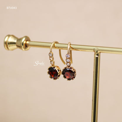 10K Solid Gold Round Cut Garnet Hook Earrings