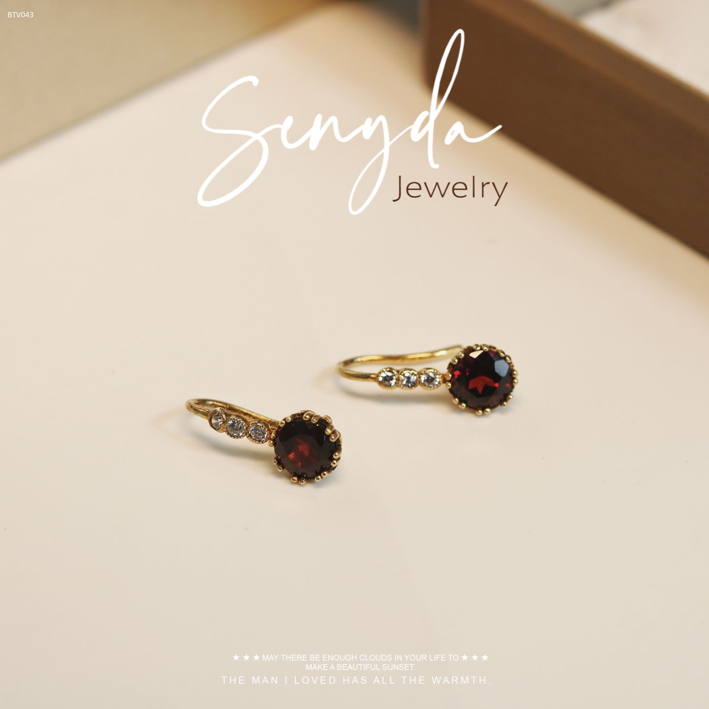 10K Solid Gold Round Cut Garnet Hook Earrings