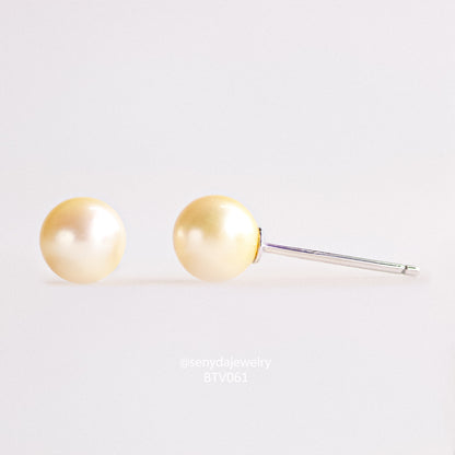 Senyda 10K Solid Gold Round - Shaped Natural Golden Pearl Stud Earrings