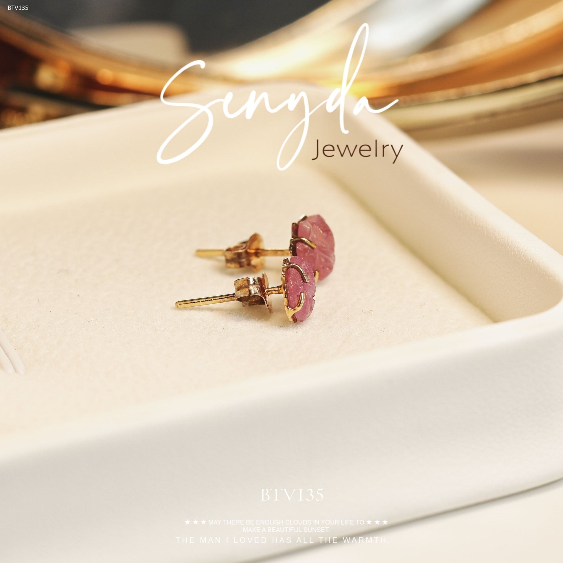 Senyda 14K Solid Gold Fox Shaped Natural Pink Ruby Stud Earrings