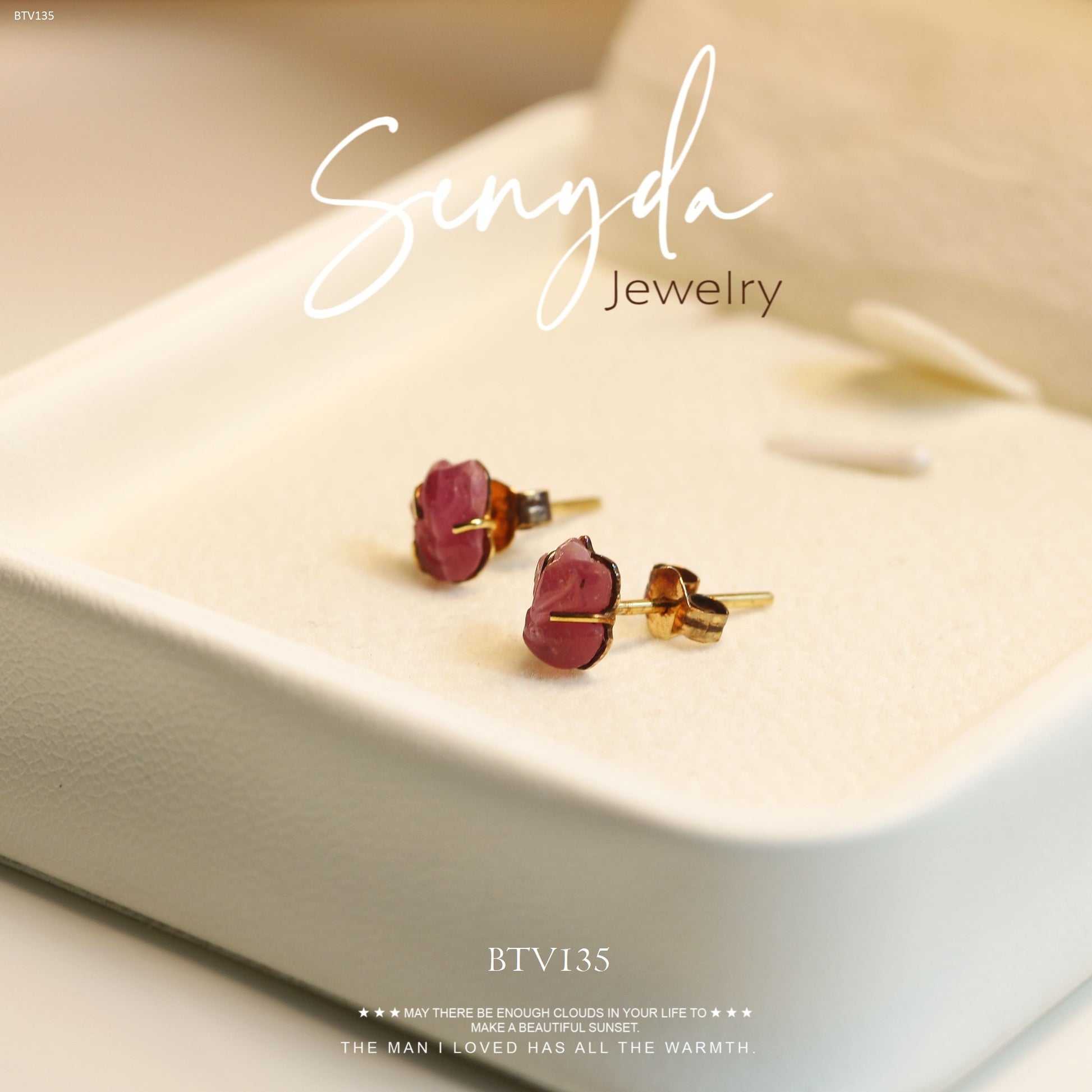 Senyda 14K Solid Gold Fox Shaped Natural Pink Ruby Stud Earrings