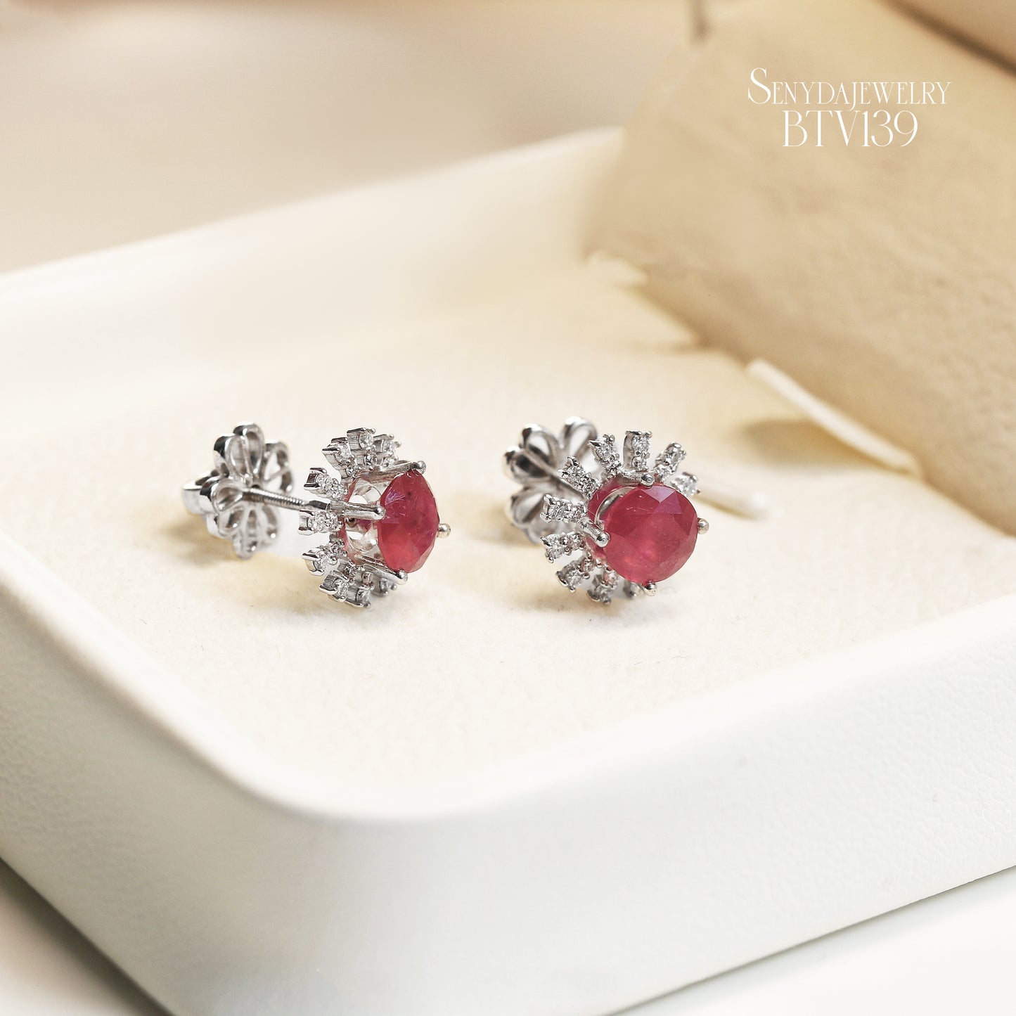 10K Solid Gold Round Cut Ruby Halo Stud Earrings