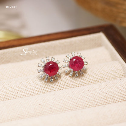 10K Solid Gold Round Cut Ruby Halo Stud Earrings