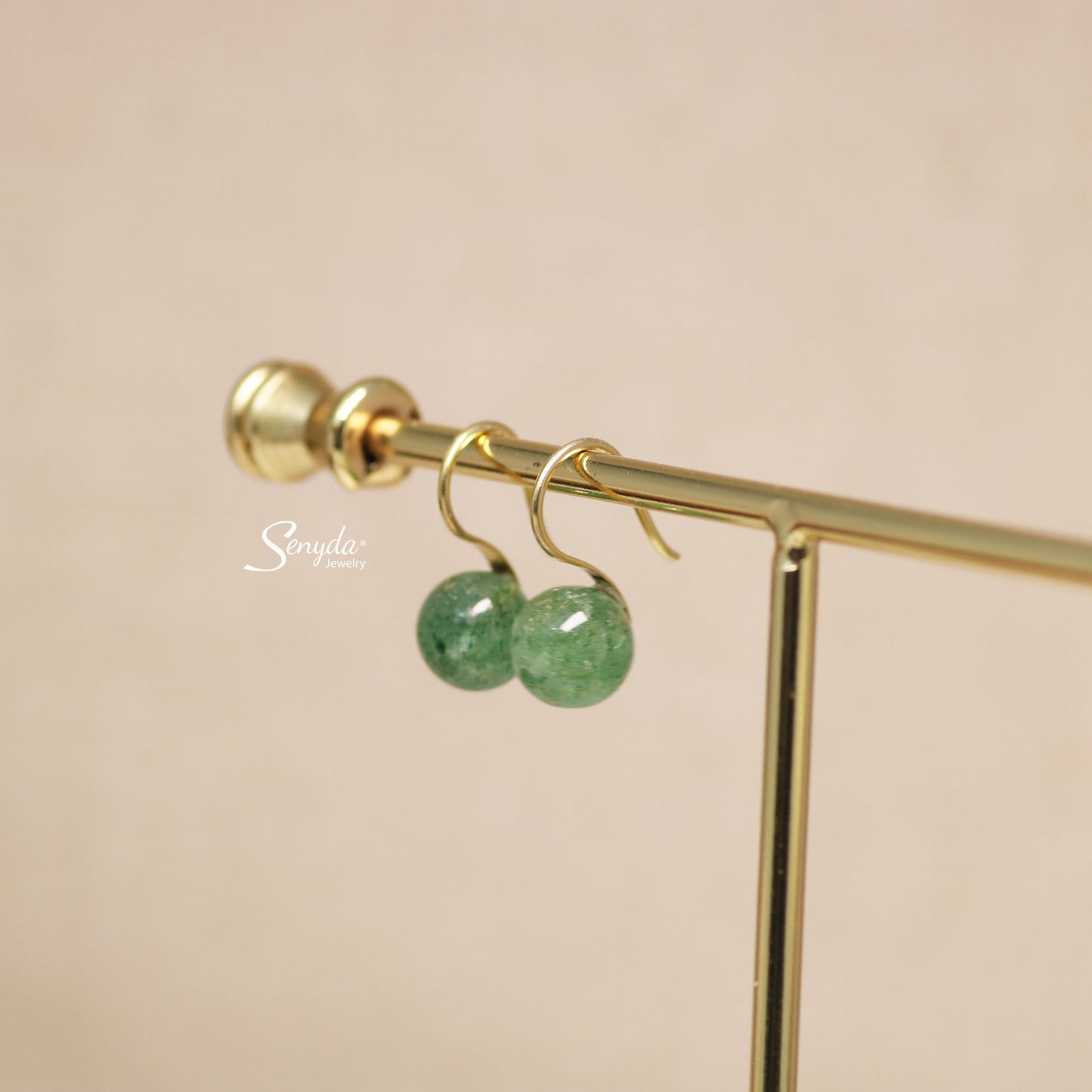 10K Solid Gold Round Green Strawberry Quartz Hook Earrings