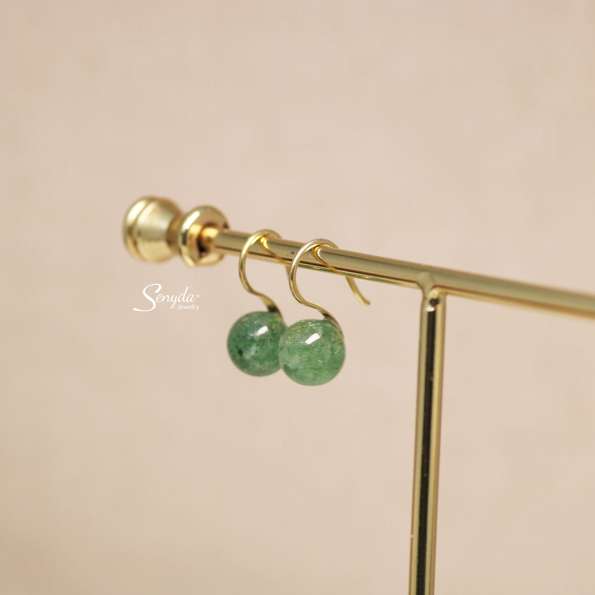 10K Solid Gold Round Green Strawberry Quartz Hook Earrings