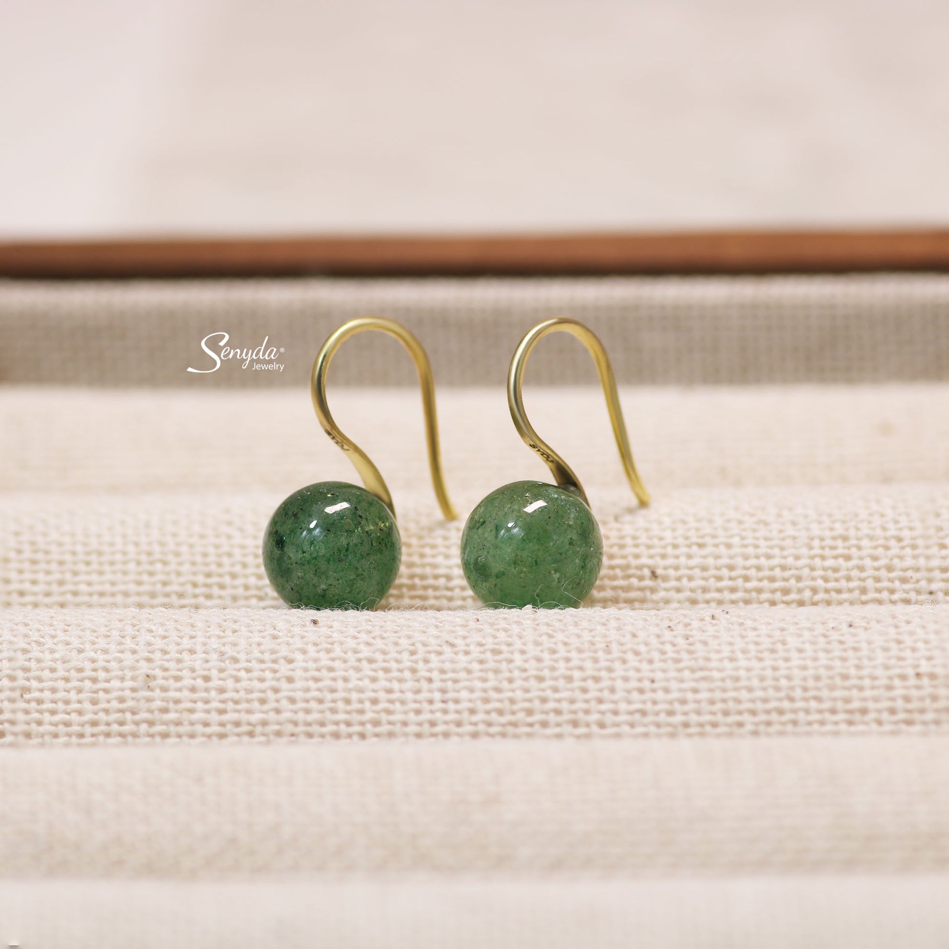 10K Solid Gold Round Green Strawberry Quartz Hook Earrings