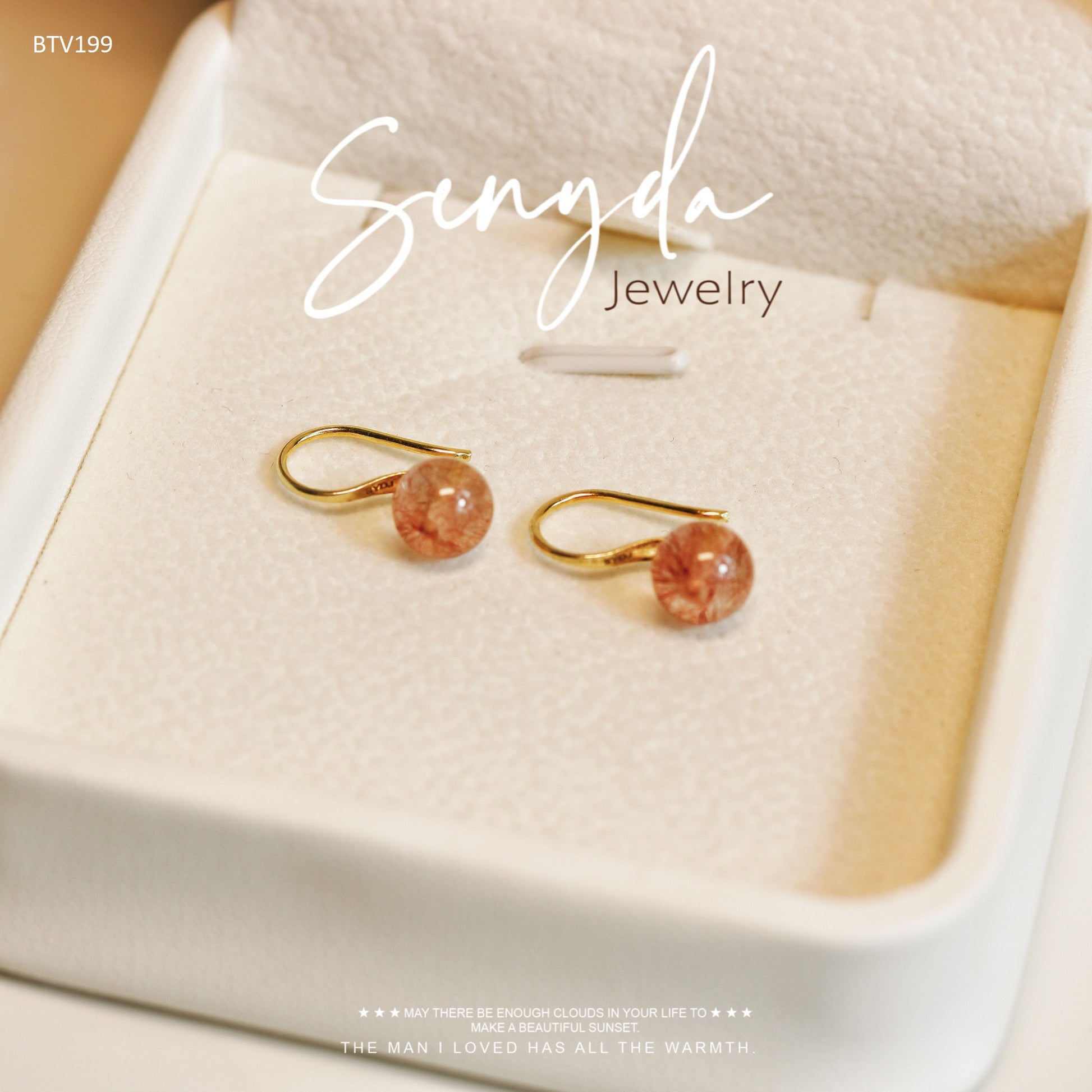 Senyda 10K Solid Gold Round - Shaped Natural Strawberry Quartz Hook Earrings