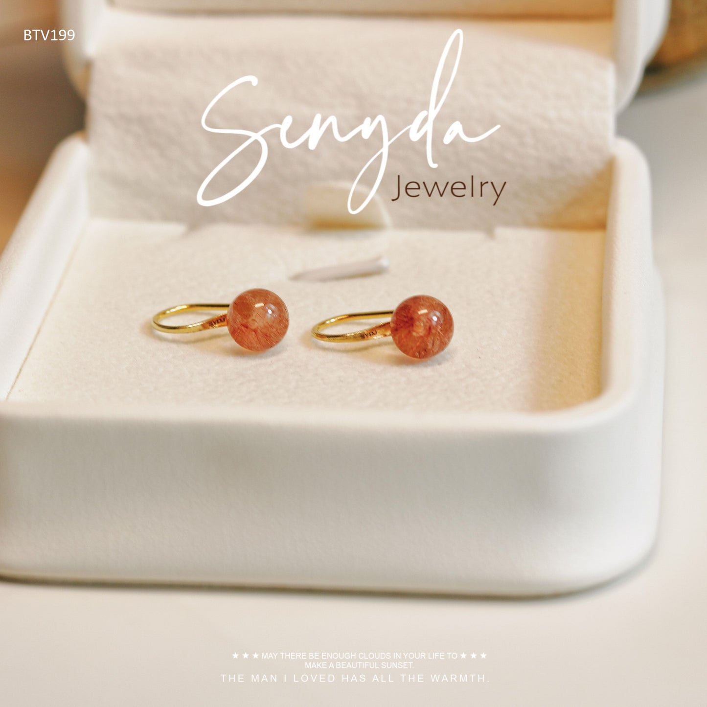 Senyda 10K Solid Gold Round - Shaped Natural Strawberry Quartz Hook Earrings