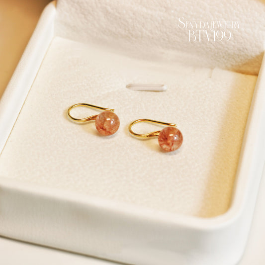 10K Solid Gold Round Strawberry Quartz Hook Earrings