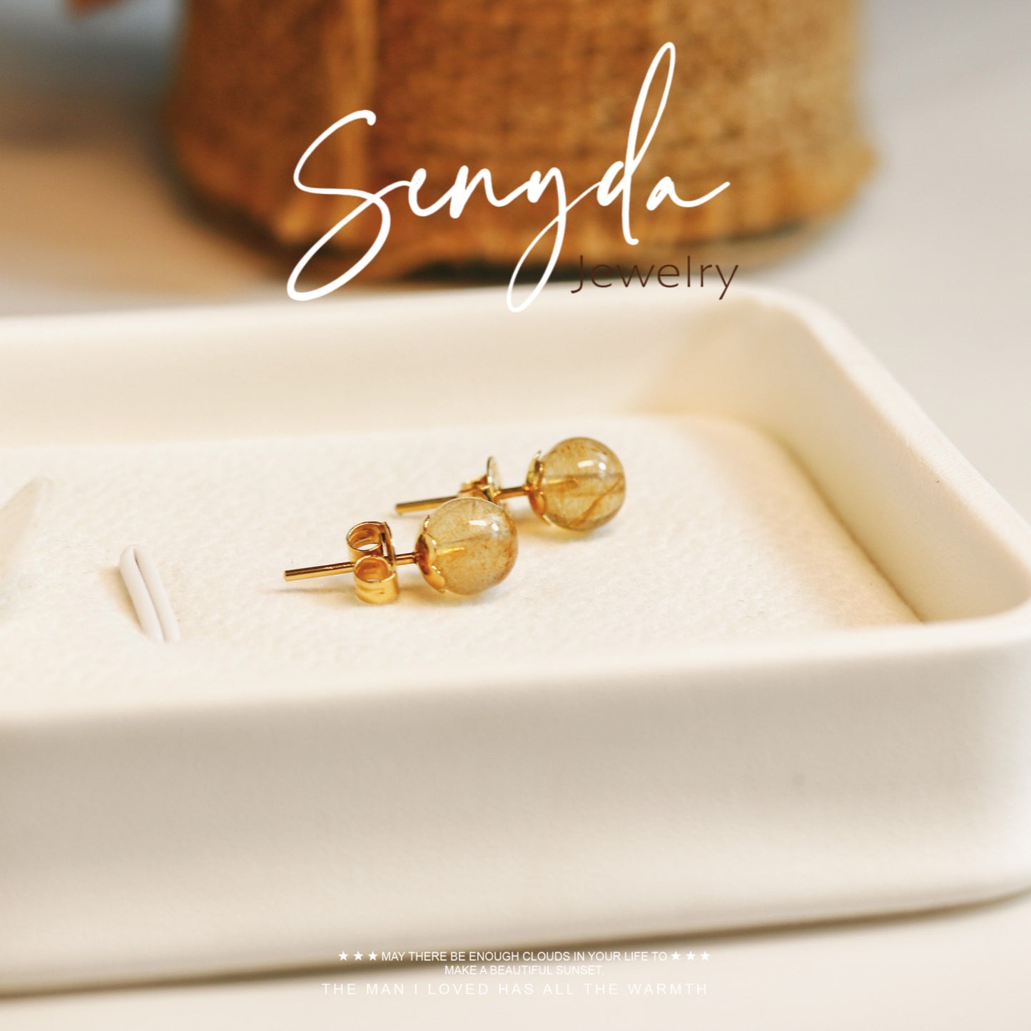 Senyda 10K Solid Gold Round - Shaped Natural Yellow Rutilated Quartz Stud Earrings