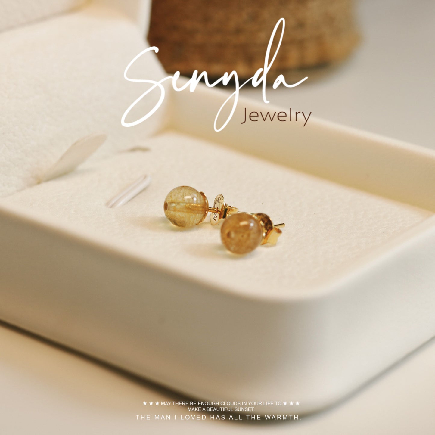 Senyda 10K Solid Gold Round - Shaped Natural Yellow Rutilated Quartz Stud Earrings