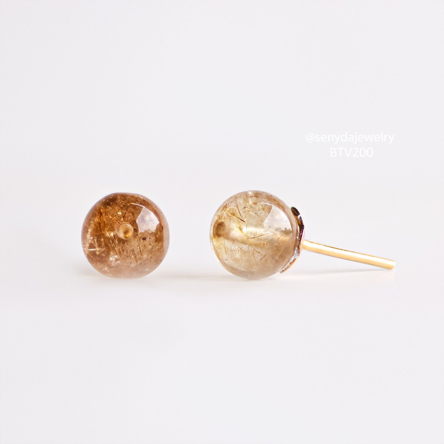 Senyda 10K Solid Gold Round - Shaped Natural Yellow Rutilated Quartz Stud Earrings