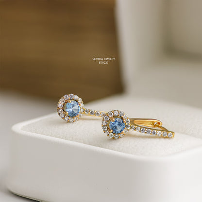 Senyda 10K Solid Gold Halo Blue Cubic Zirconia English Lock Earrings