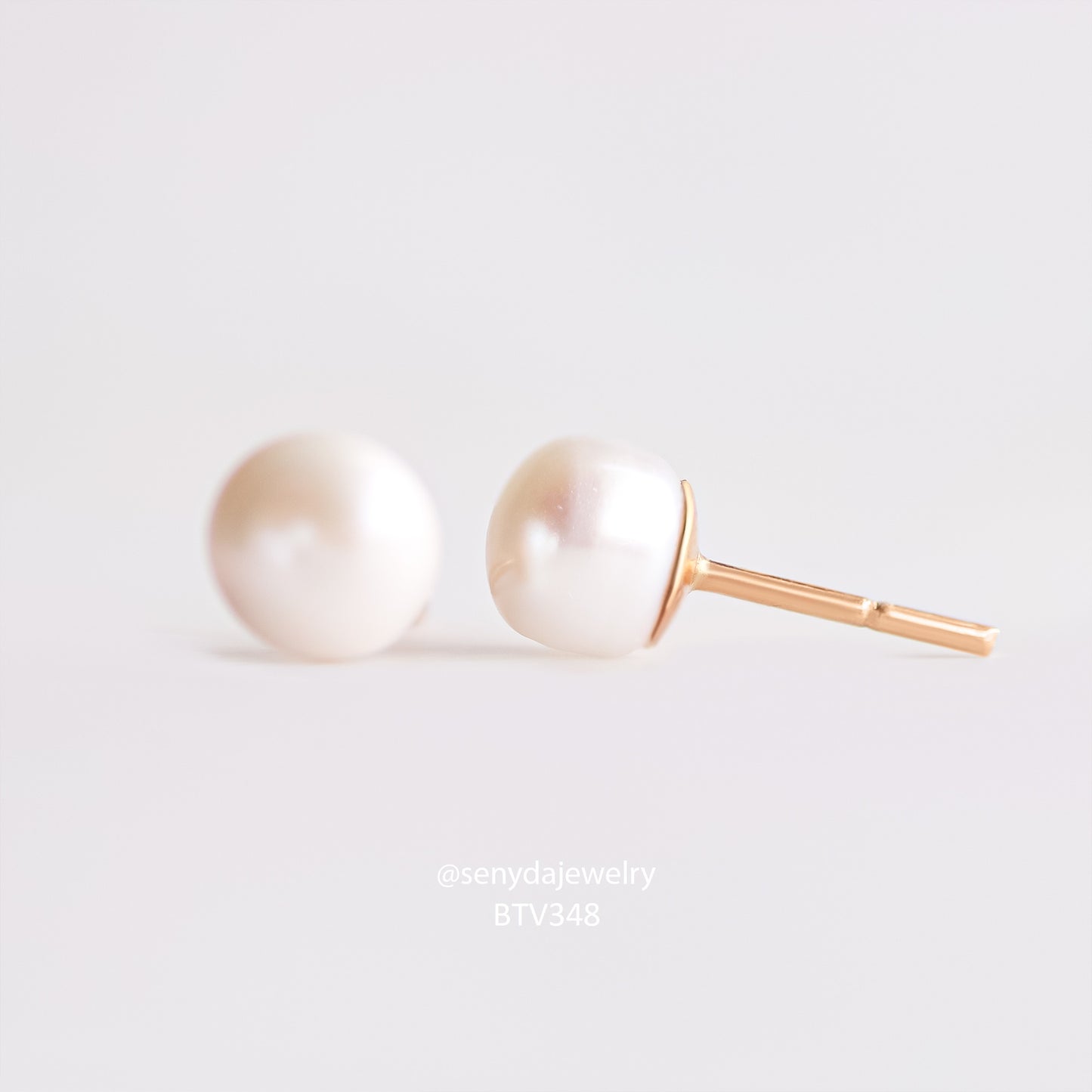 Senyda 15K Solid Gold 7mm Natural Freshwater Pearls Stud Earrings