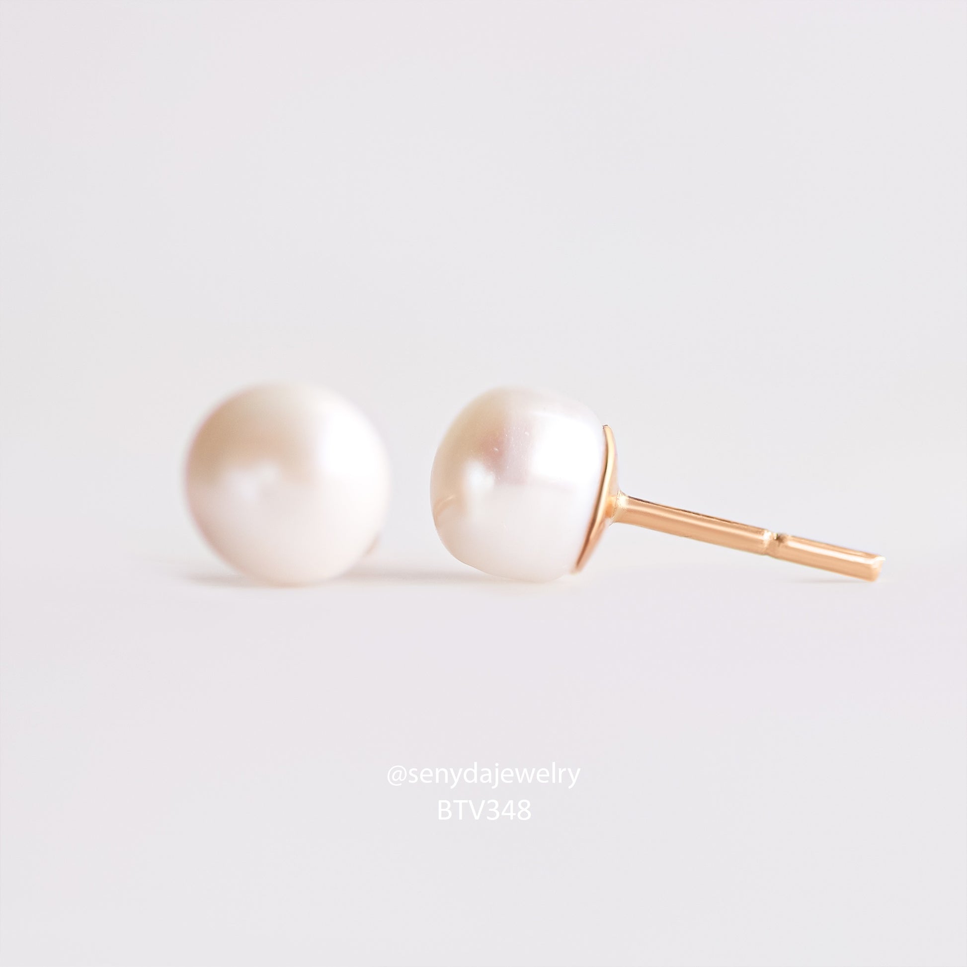 Senyda 15K Solid Gold 7mm Natural Freshwater Pearls Stud Earrings