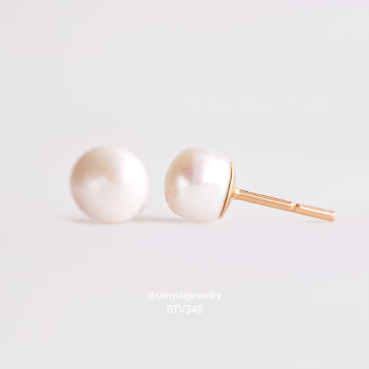Senyda 15K Solid Gold 7mm Natural Freshwater Pearls Stud Earrings