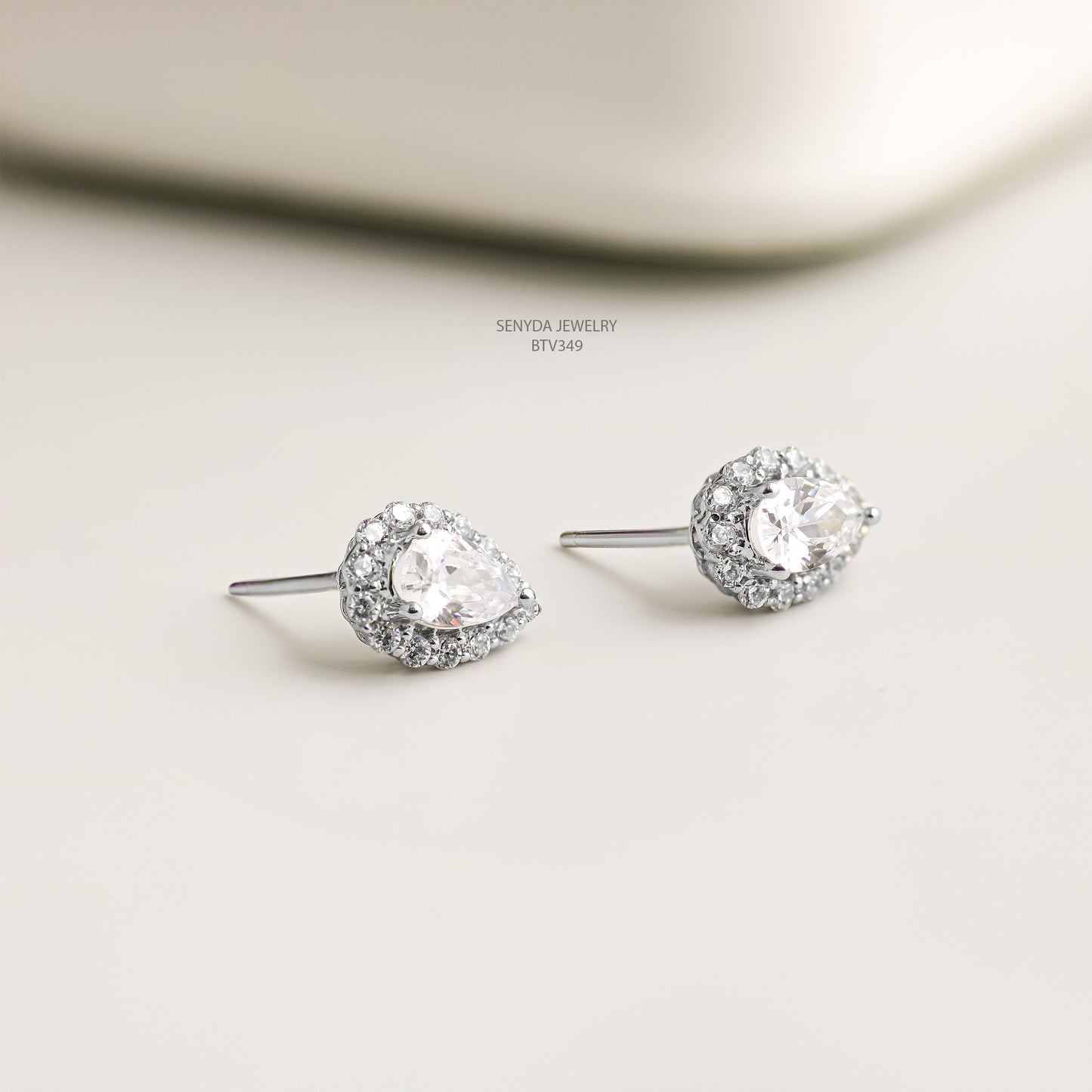 18K Solid Gold Pear Cubic Zirconia Halo Stud Earrings