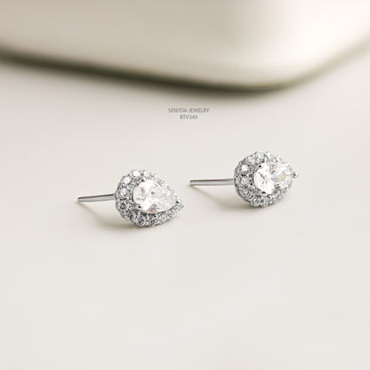 18K Solid Gold Pear Cubic Zirconia Halo Stud Earrings