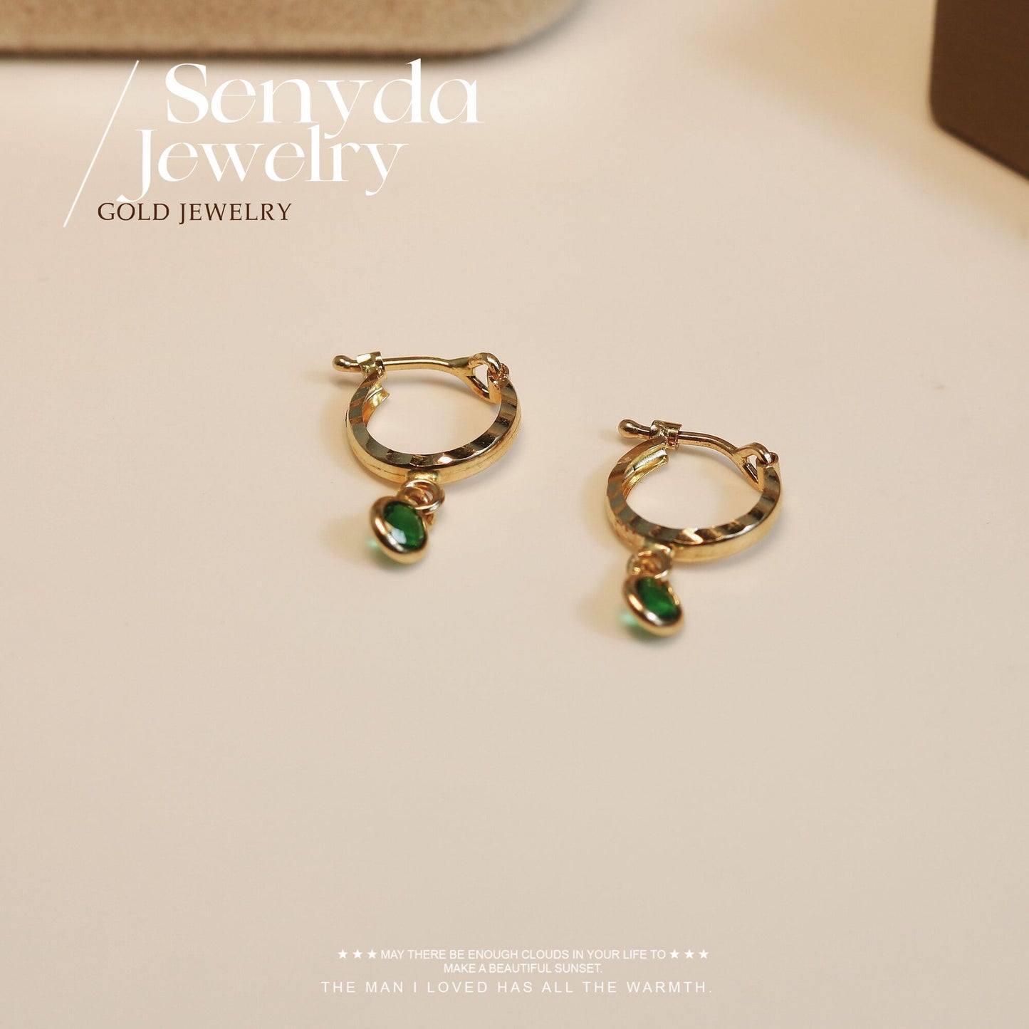 Senyda 14K Solid Gold Green Cubic Zirconia Hoop Earrings