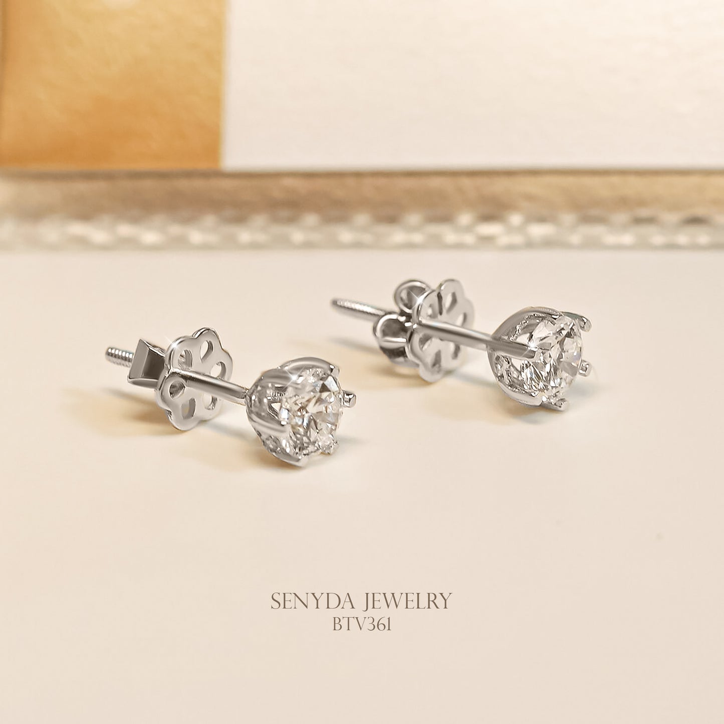 Senyda 14K Solid Gold Solitaire Round Diamond 6-Prong Stud Earrings