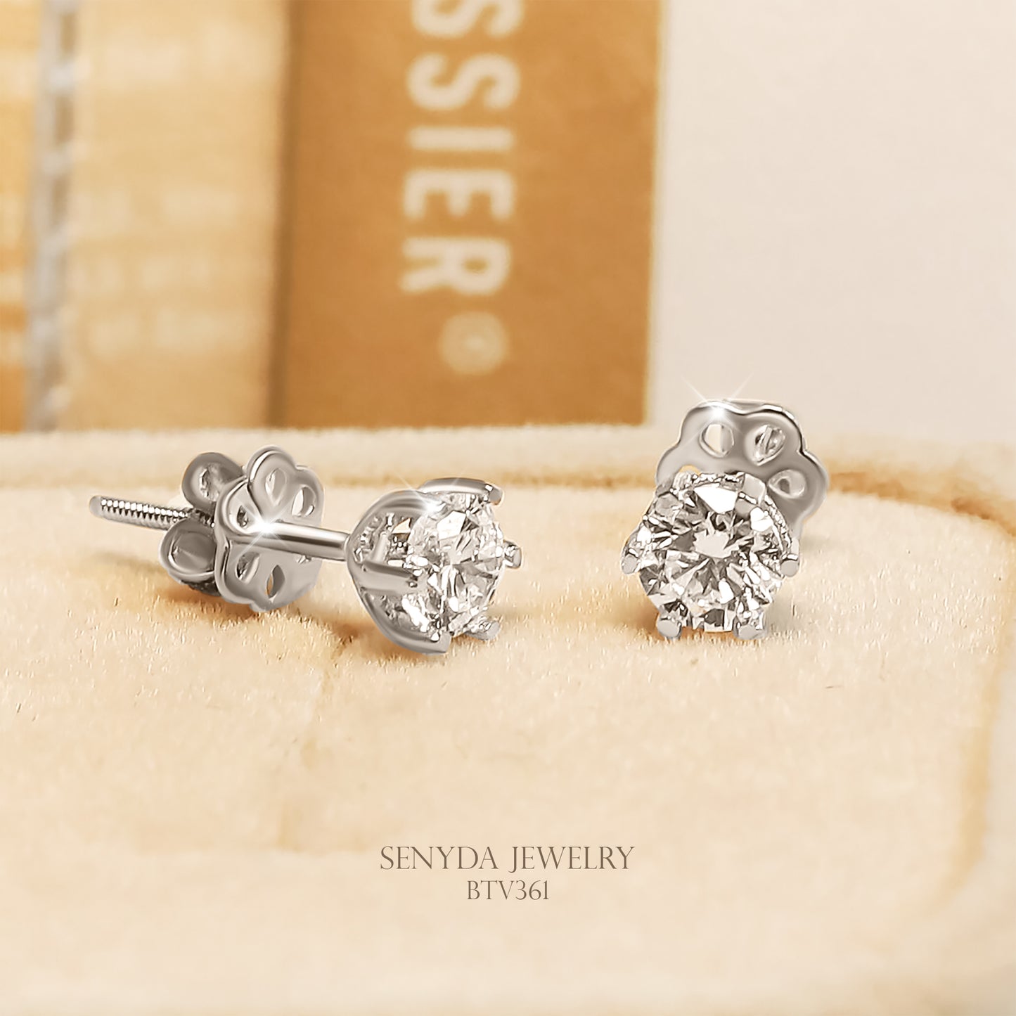 Senyda 14K Solid Gold Solitaire Round Diamond 6-Prong Stud Earrings