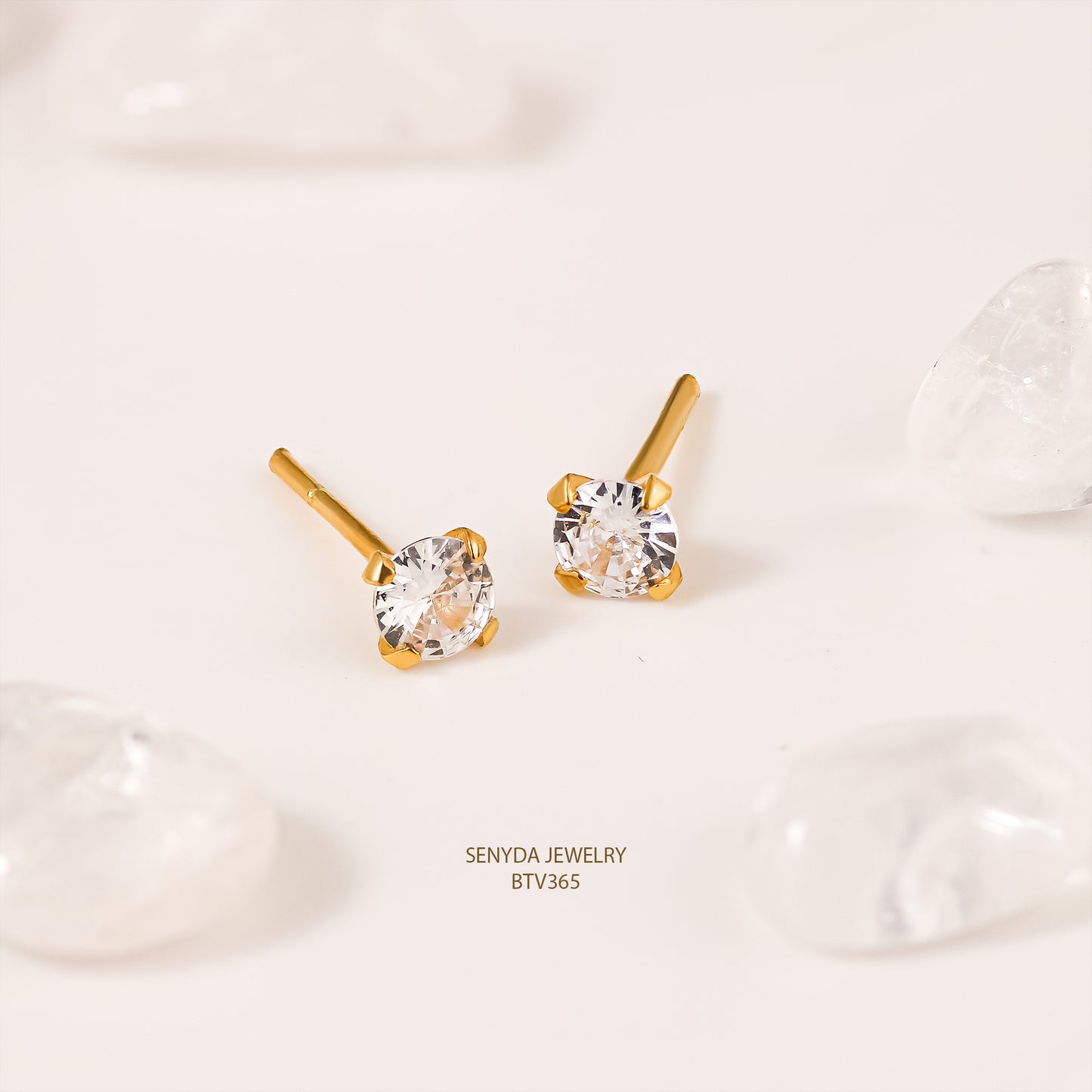 14K Solid Gold Round Cubic Zirconia 4-Prong Stud Earrings