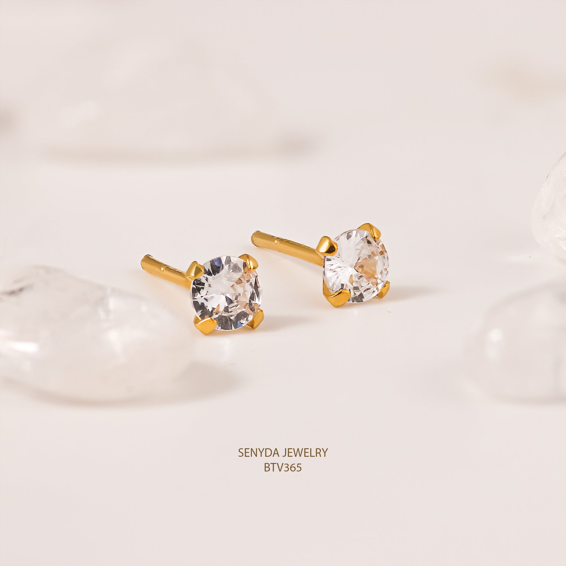 14K Solid Gold Round Cubic Zirconia 4-Prong Stud Earrings