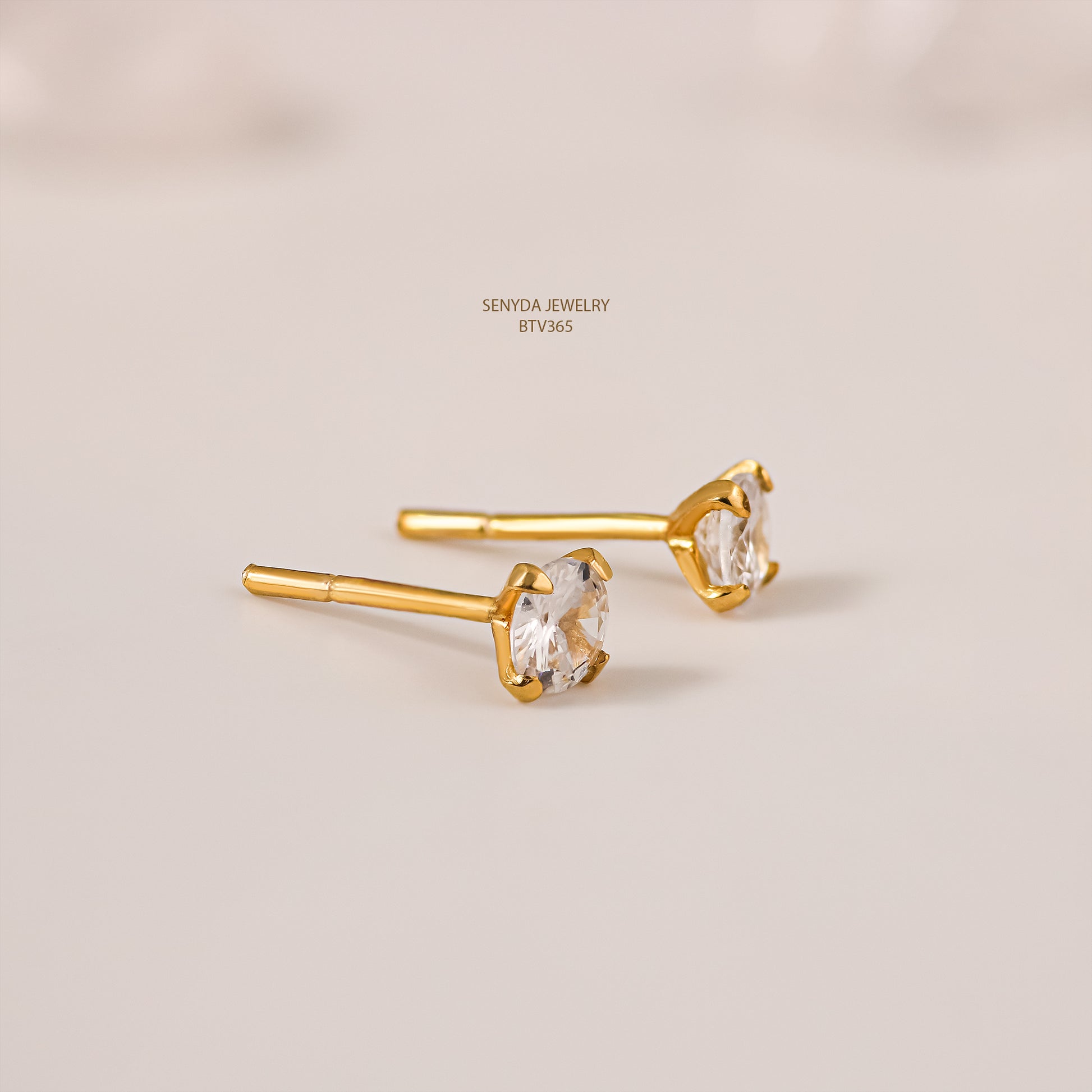 14K Solid Gold Round Cubic Zirconia 4-Prong Stud Earrings