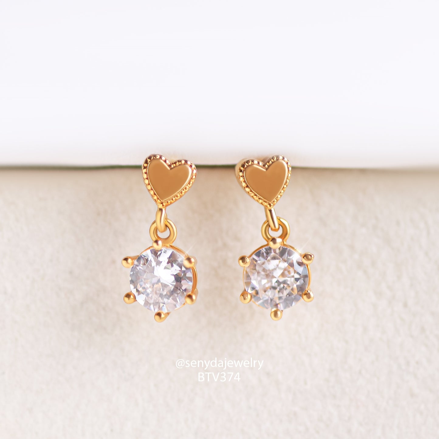 10K Solid Gold Heart Drop Earrings With CZ Stones