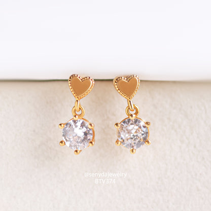 10K Solid Gold Heart Drop Earrings With CZ Stones