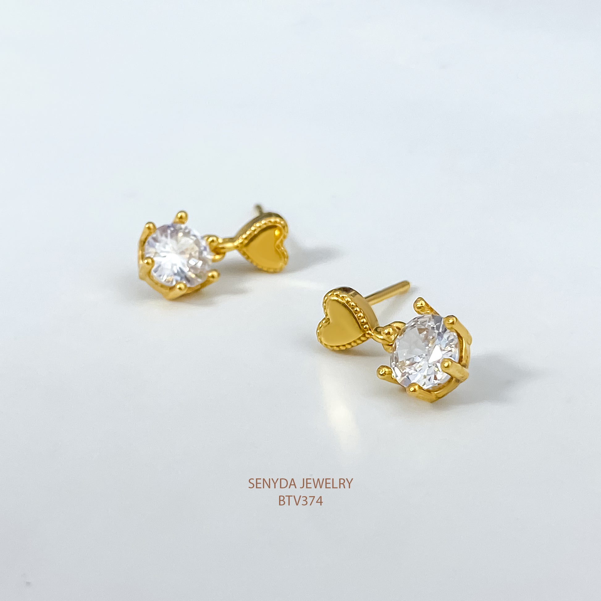 10K Solid Gold Heart Drop Earrings With CZ Stones