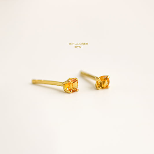 14K Solid Gold Round Cut Citrine 4-Prong Stud Earrings