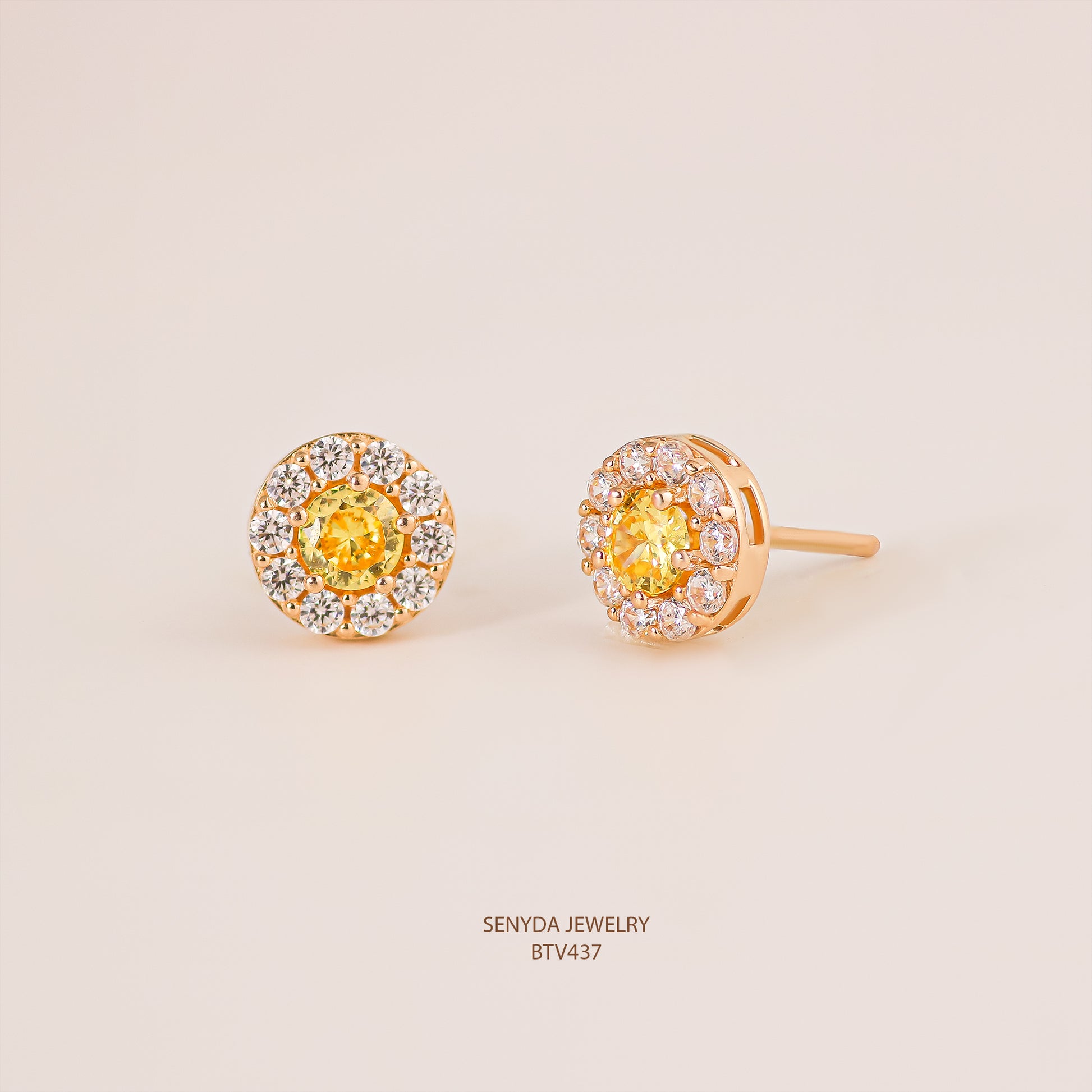 Senyda 15K Solid Gold Halo Stud Earrings