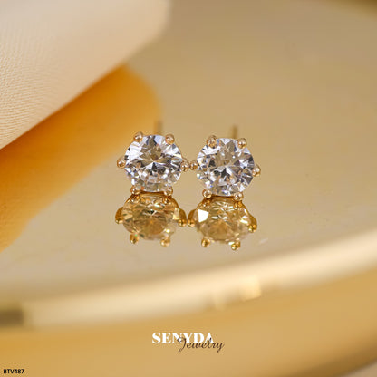 14K Solid Gold 6-Prong Cubic Zirconia Stud Earrings