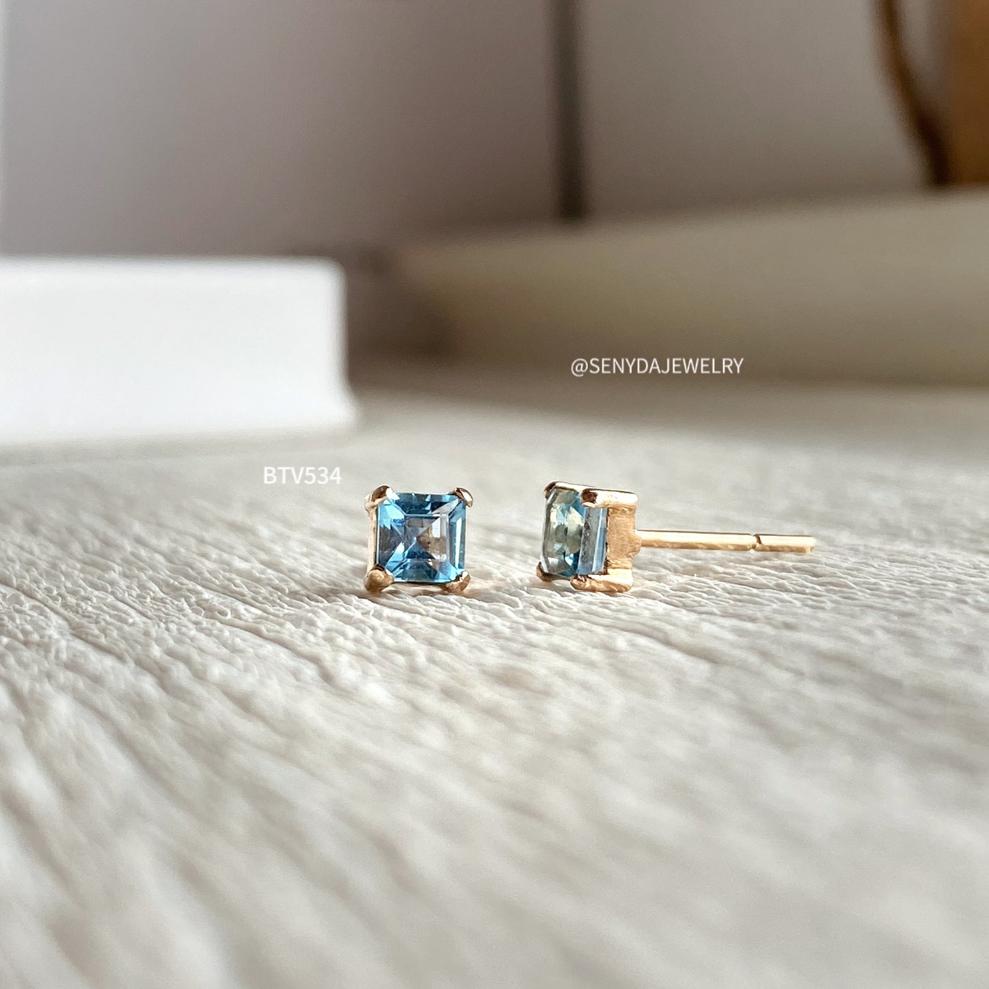 Senyda 16K Solid Gold Princess - Shaped Brilliant Cut Natural Topaz Stud Earrings