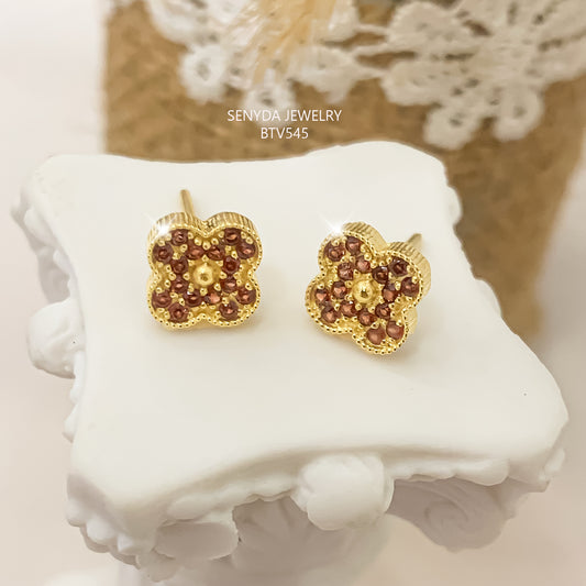 Senyda 14K Solid Gold 4-Petal Flower Garnet Stud Earrings