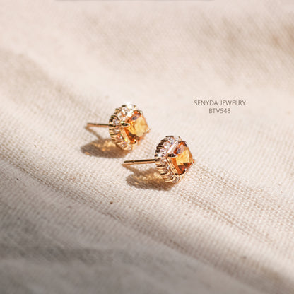 Senyda 16K Solid Cushion - Shaped Brilliant Cut Natural Citrine Stud Earrings