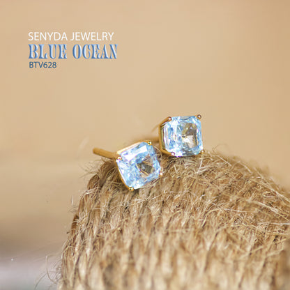 14K Solid Gold Radiant Cut Blue Cubic Zirconia Stud Earrings