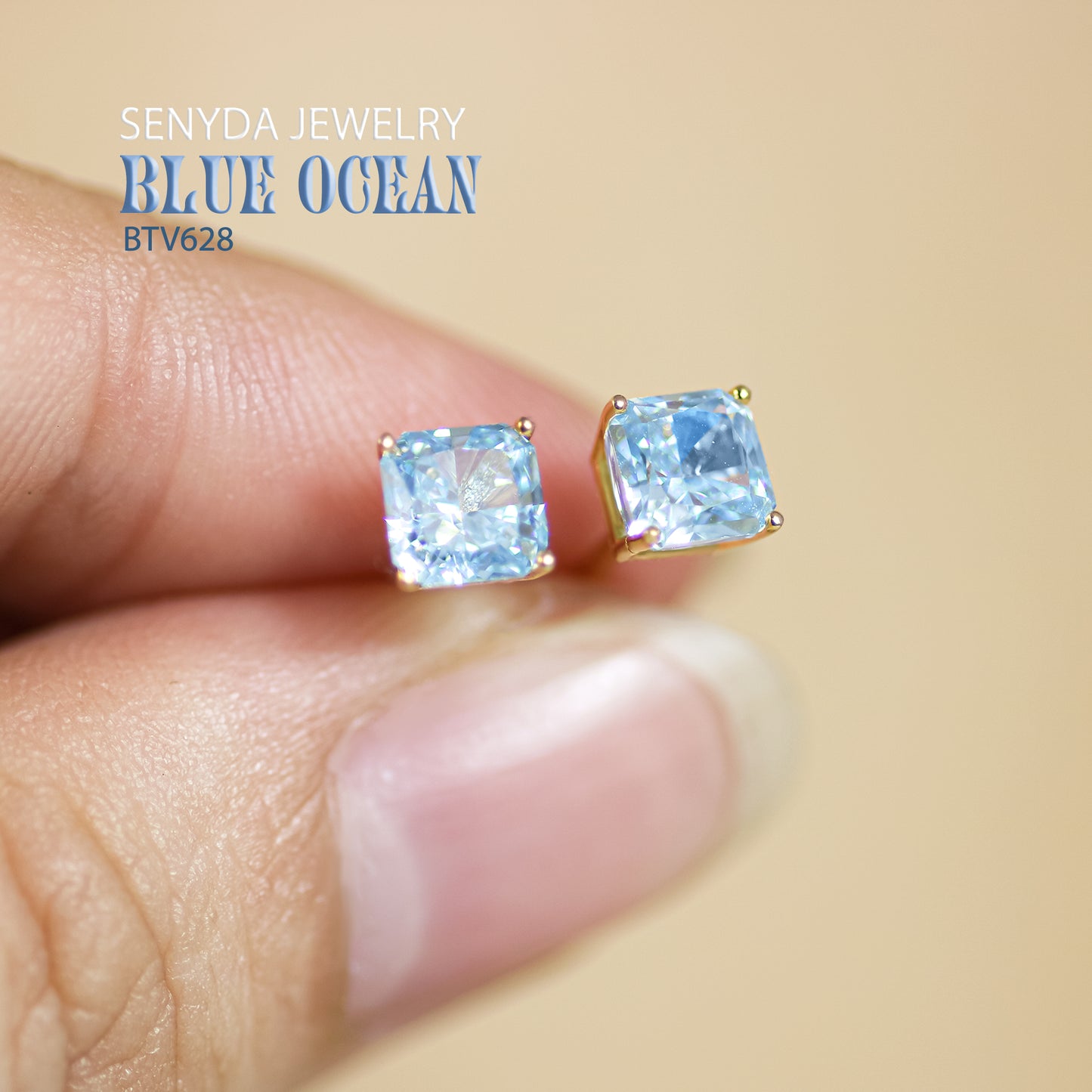 14K Solid Gold Radiant Cut Blue Cubic Zirconia Stud Earrings