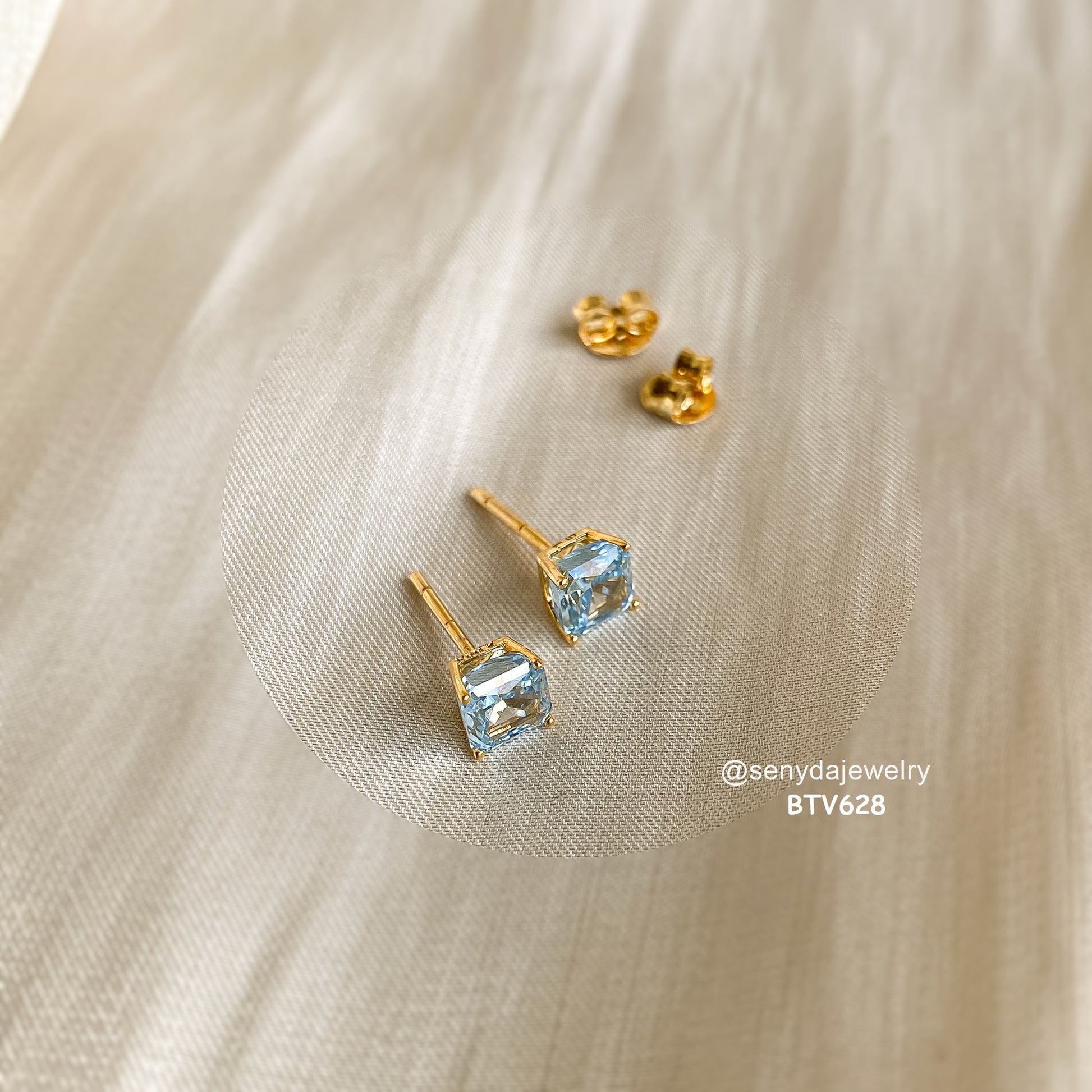 14K Solid Gold Radiant Cut Blue Cubic Zirconia Stud Earrings