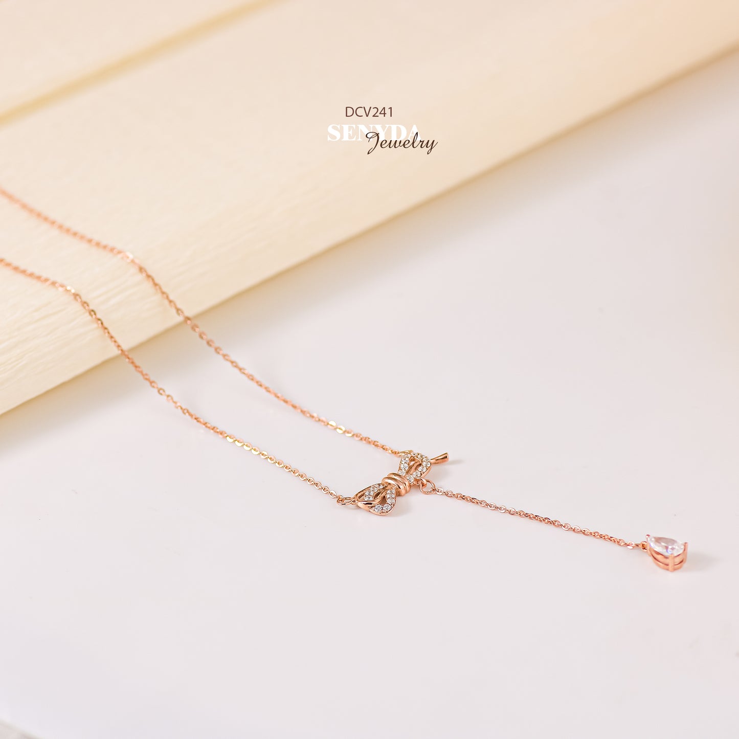 Senyda 10K Solid Gold Bow Drop Lariat Necklace - Delicate and Chic Gold Jewelry Accent"