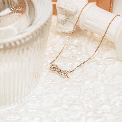 10K Solid Gold Bow Tie Diamond Pendant Necklace