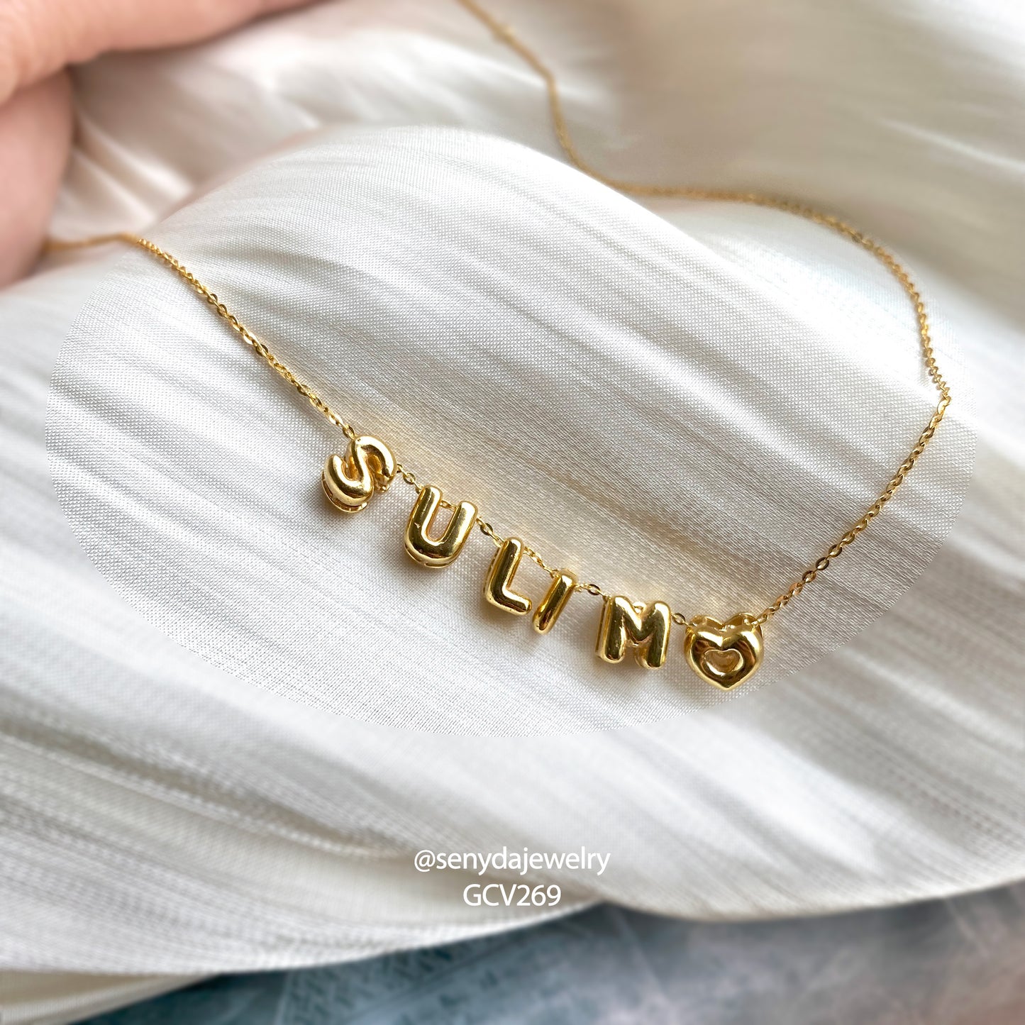 Senyda 14K Solid Gold Custom Bubble Letters Nameplate Gold Necklace - Pendant With Dainty Chain