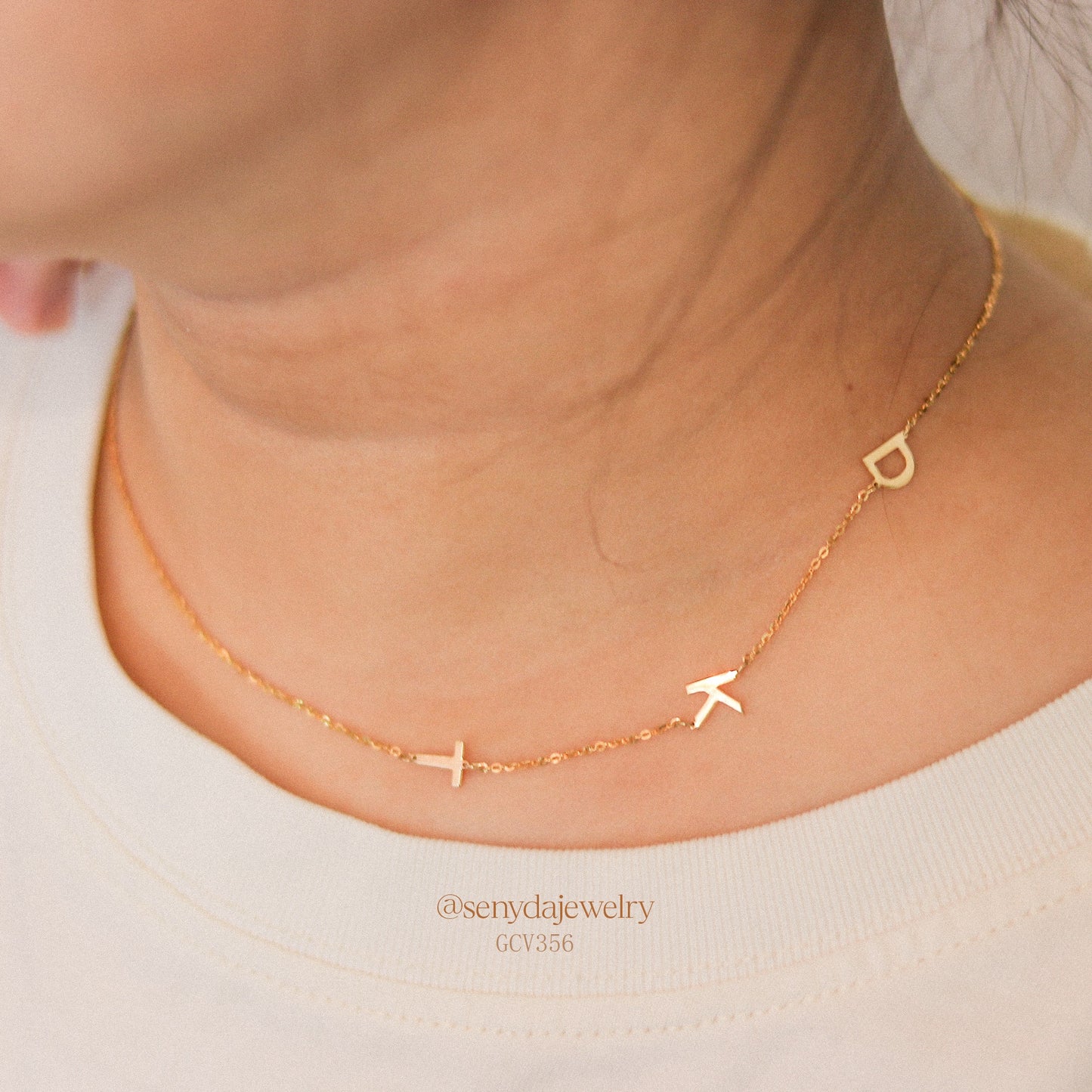 Senyda 10K Solid Gold Sideways Three Initials Necklace