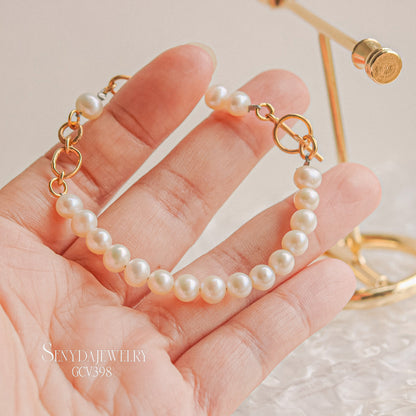 14K Solid Gold Toggle Clasp Freshwater Pearl Bracelet