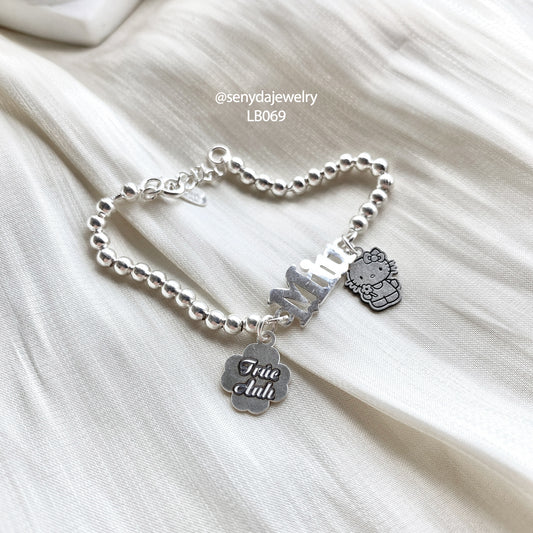 Sterling Silver 925 Personalized Baby Name And Charms In Bead Bracelet